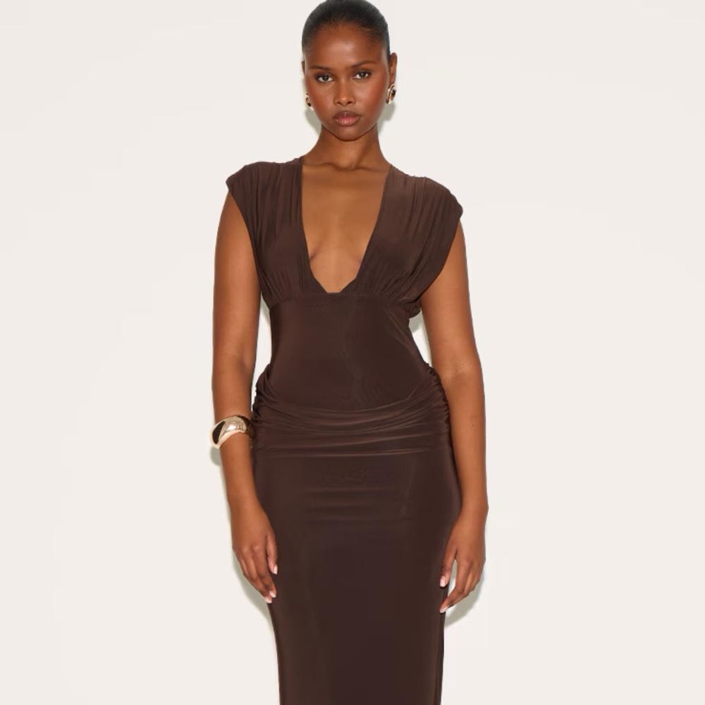 Chocolate Brown Double Layer Plunge Ruched Shoulder Drape Waist Maxi Dress